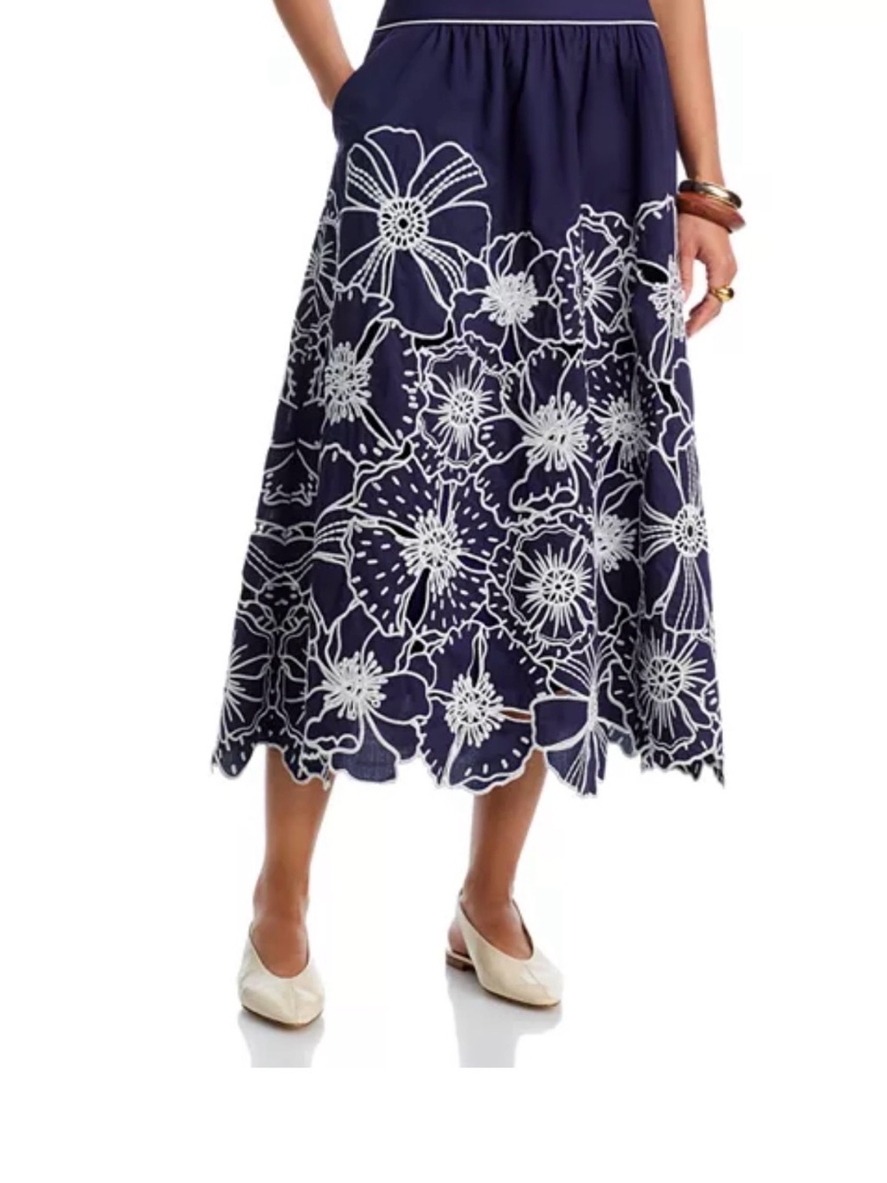 NWT! Farm Rio Navy Floral Embroidered Midi Skirt - Women